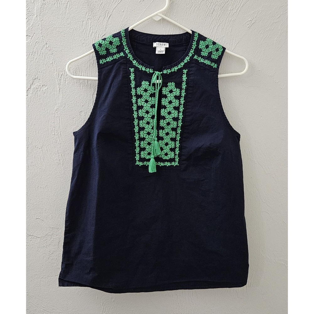J. Crew Tank Womens Size 4 Navy Green Embroidered Tassel Keyhole‎ Sleeveless Top
